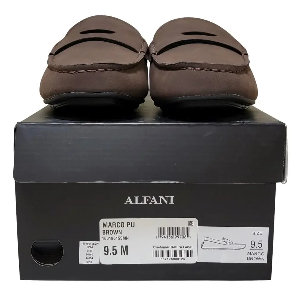 Alfani Men Slip On Moc Toe Penny Loafers Marco PU Size US 9.5M Brown Faux Suede